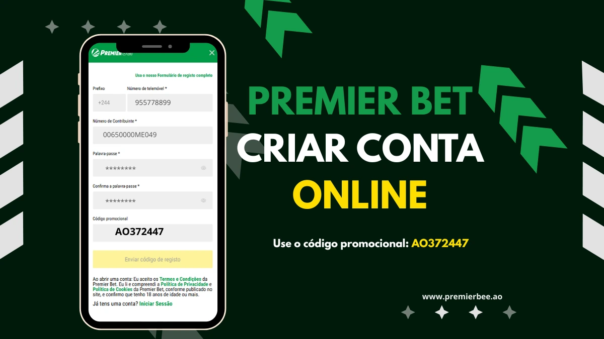 Banner promocional Premier Bet criar conta – registo rápido no site oficial com bónus de boas-vindas, apostas desportivas e casino em Angola