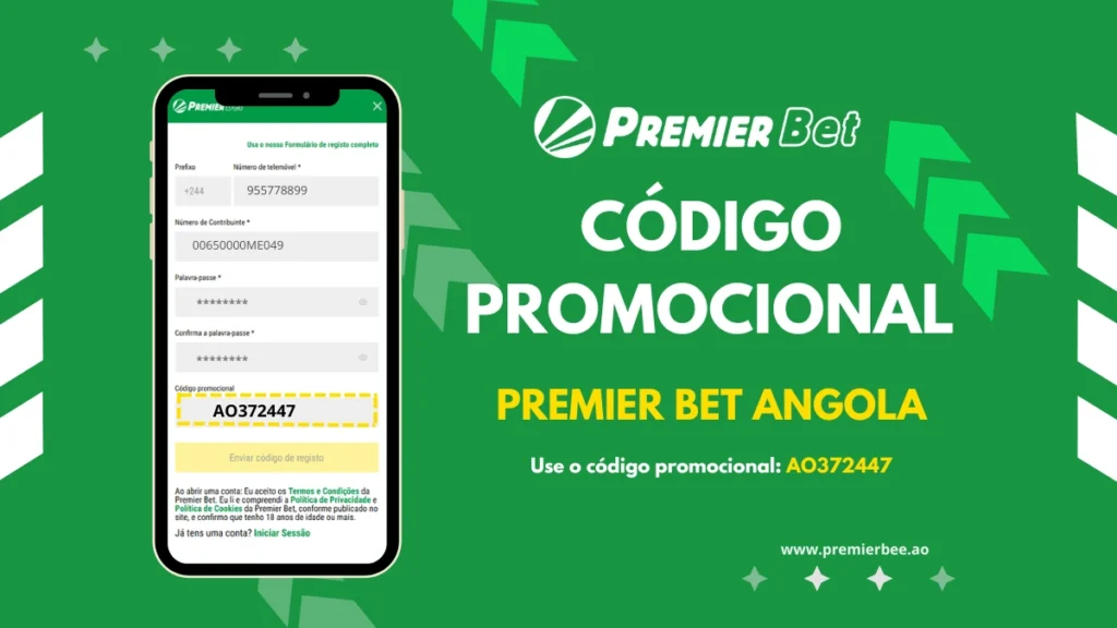 Apostador angolano feliz usando o aplicativo da Premier Bet com destaque para o código promocional AO372447 e bónus de boas-vindas.